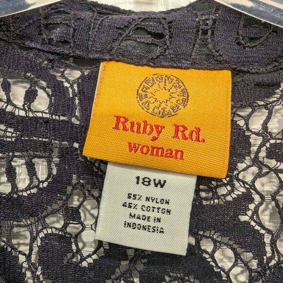 Ruby Rd. Women's Black Navy Lace Sheer 3/4 Sleeve Embellished Button Shirt 18W - Picture 2 of 8